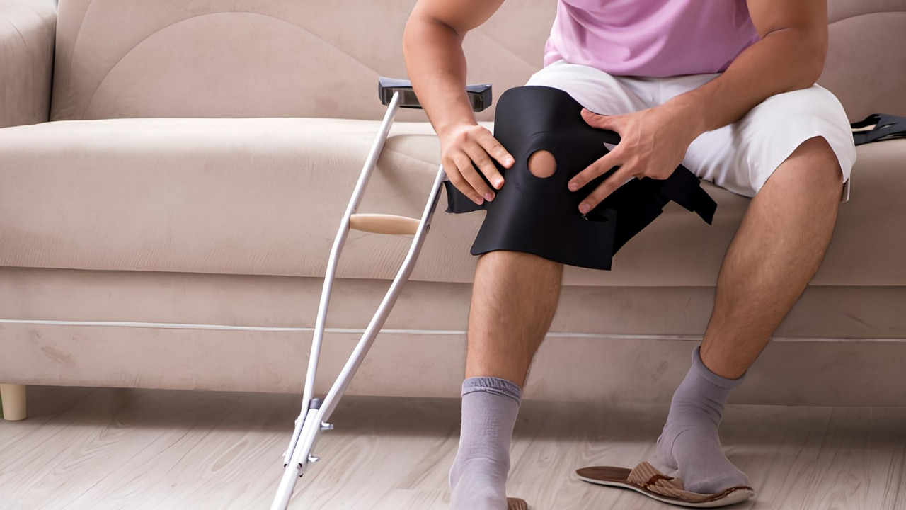Người đeo nẹp gối và dùng nạng trong giai đoạn đầu phục hồi sau chấn thương dây chằng chéo trước