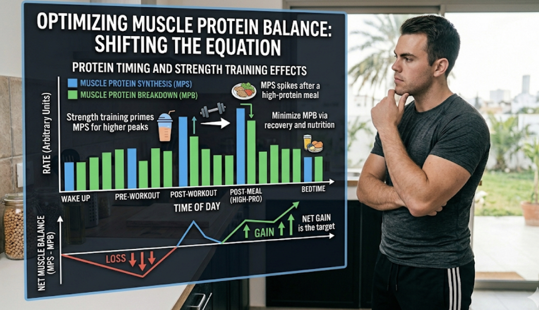 Chart comparing Muscle Protein Synthesis and Muscle Protein Breakdown, showing how protein timing and strength training shift net balance to preserve muscle and increase calorie burn without cardio