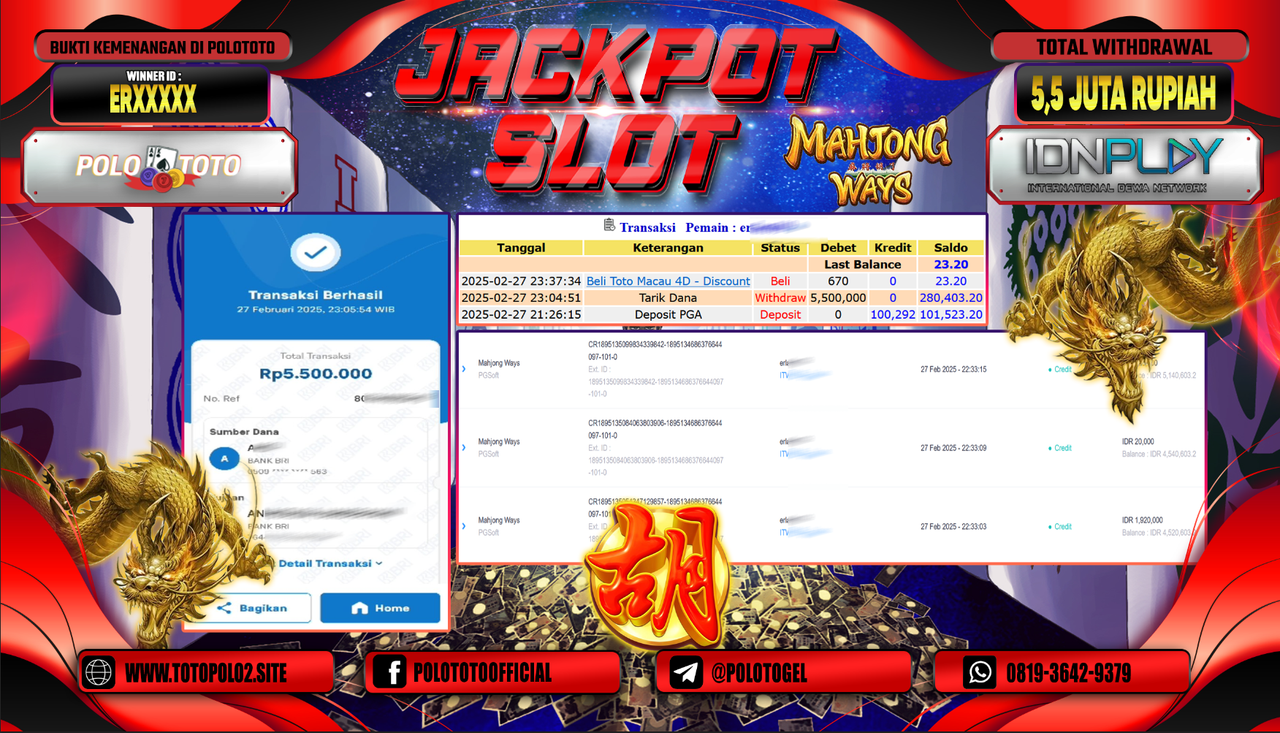 POLOTOTO JACKPOT SLOT MAHJONG WAYS Rp.5.500.000,-