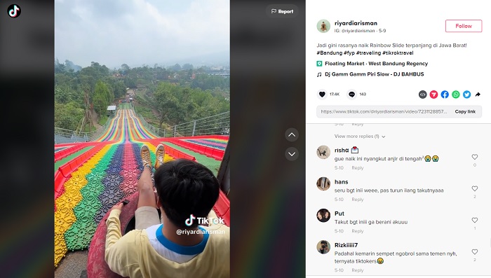 Video seorang TikToker yang menjajal Rainbow Slide terpanjang di Jawa Barat.