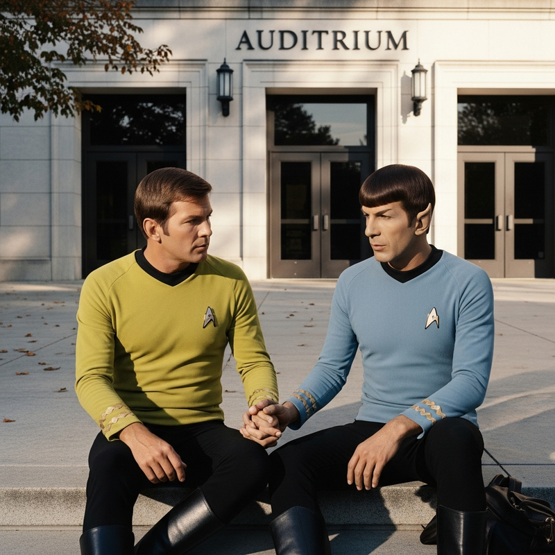 Jim and Spock sitting outside with fingers intertwined.