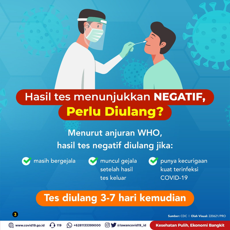 Anjuran Satgas Covid-19 tentang waktu yang tepat kapan melakukan tes swab ulang jika hasil tes swab menunjukkan negatif.