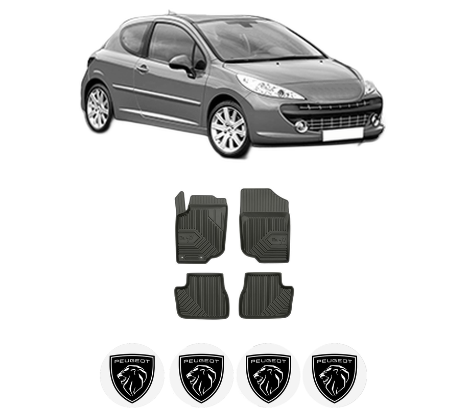 Set covorase presuri PEUGEOT 207 (WA_, WC_) din 2006-2015, auto, din cauciuc thermoplastic, 4 Stickere auto cu PEUGEOT