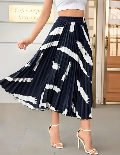 Skirt For Women | Brush Print Pleated Skirts, Vintage Elastic Waist Midi Skirts, Women's Clothing(Premium Quality) Color4 (R230)