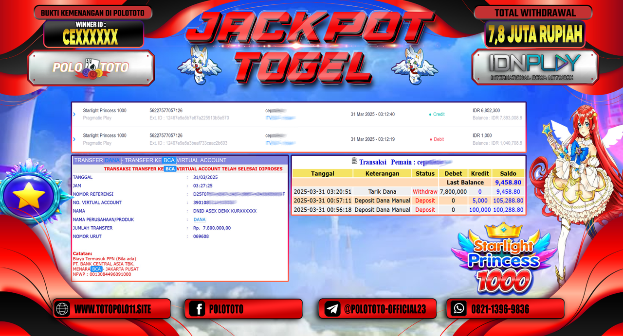 POLOTOTO JACKPOT SLOT STARLIGHT PRINCESS 1000  Rp.7.800.000,-