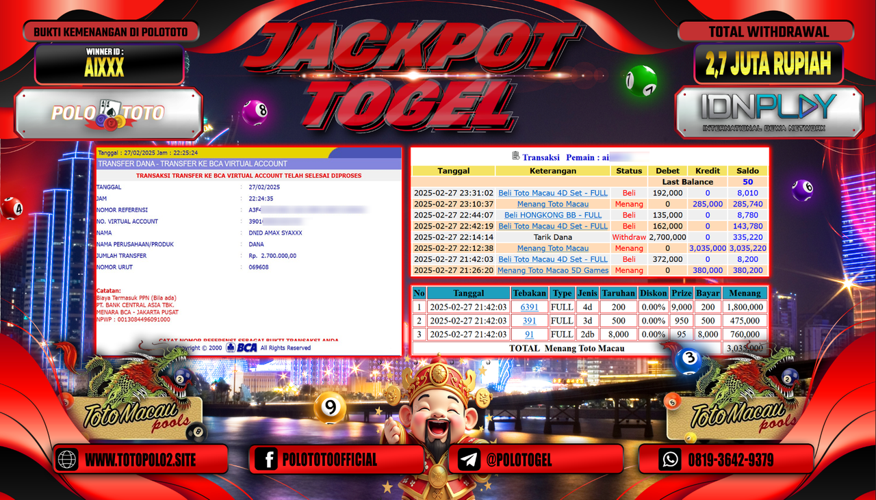 POLOTOTO JACKPOT TOGEL TOTO MACAU 4D Rp.2.700.000,-