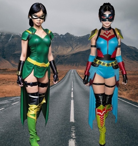 Two women with super speed powers - on the left is Zing, with a green costume, and on the right is Flux, in a sky blue costume