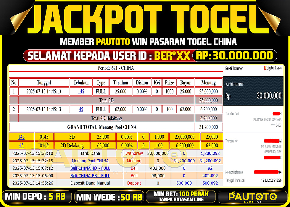 BUKTI PEMBAYARAN TGL 13 JULY 2025 MENANG DI PASARAN CHINA POOLS TOTAL WD 30 JUTA