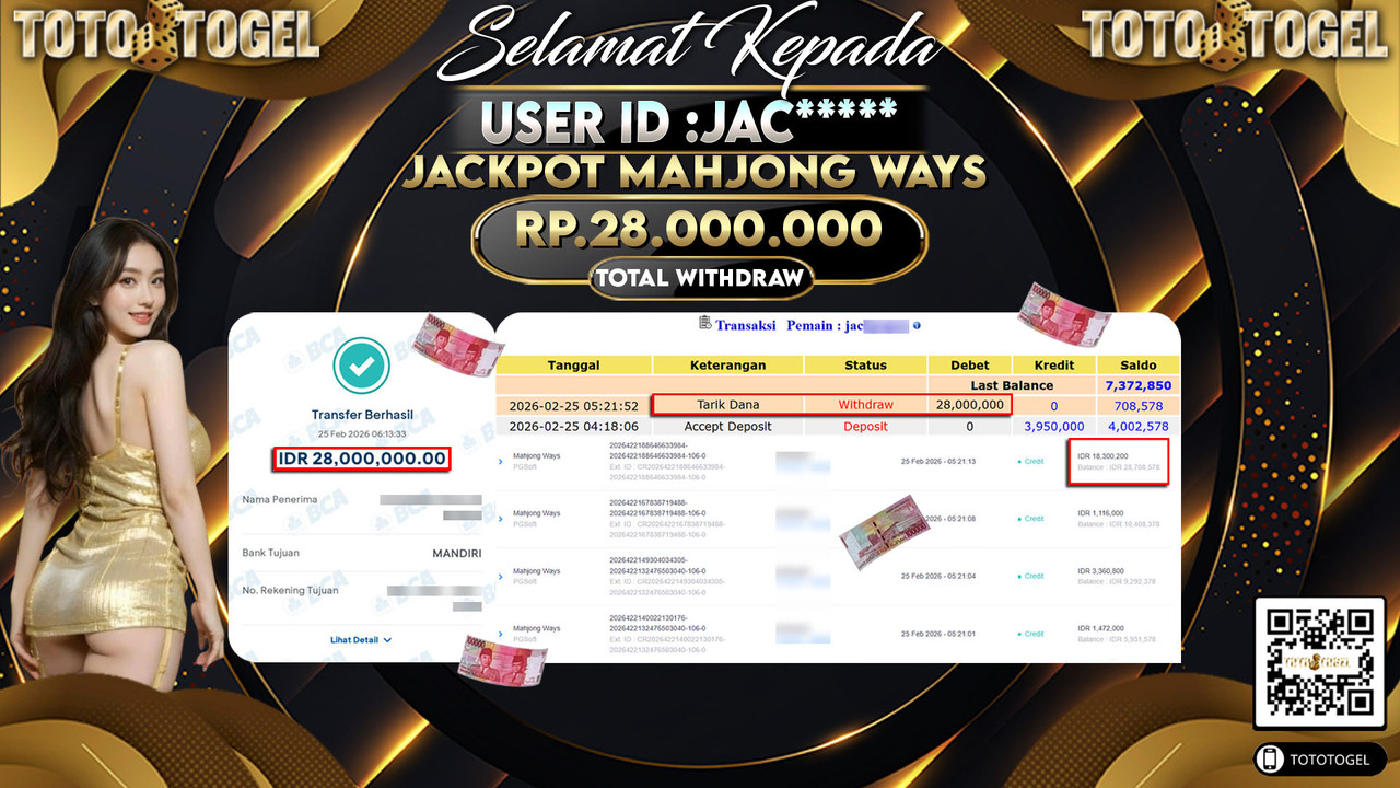 Bukti Pembayaran Jackpot Permainan Slot Mahjong Ways ID:JAC*****LUNAS