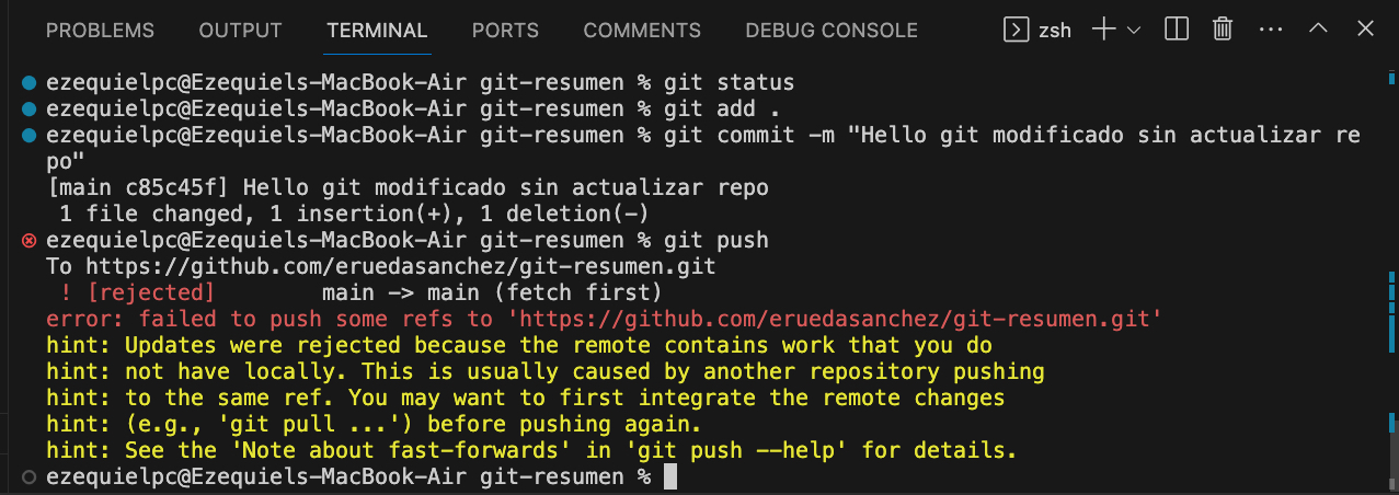 Error al intentar pushear sin actualizar repo Git fetch y git pull