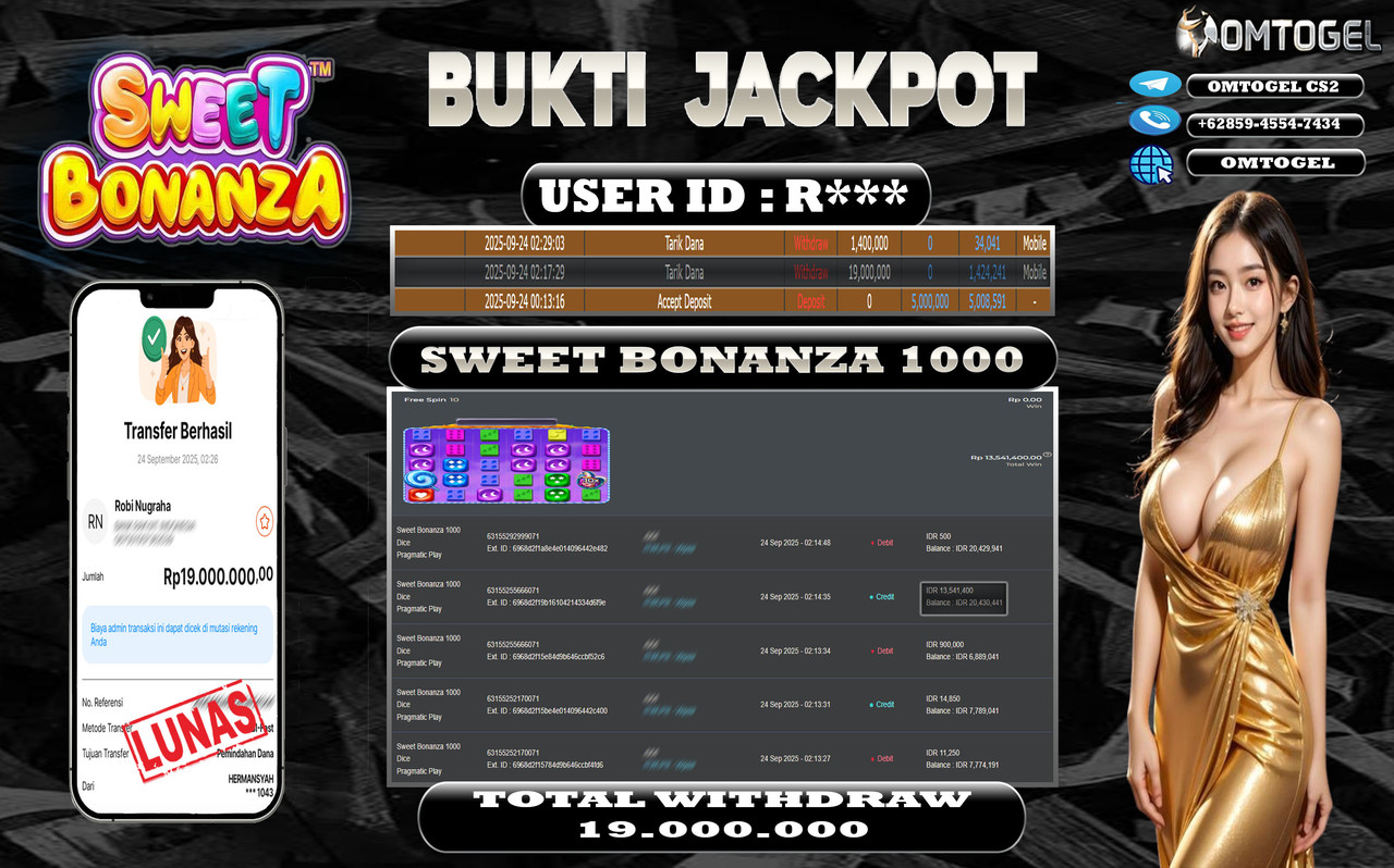 OMTOGEL JACKPOT PRAGMATIC PLAY SWEET BONANZA 1000 19 JUTA DI BAYAR LUNAS ,-