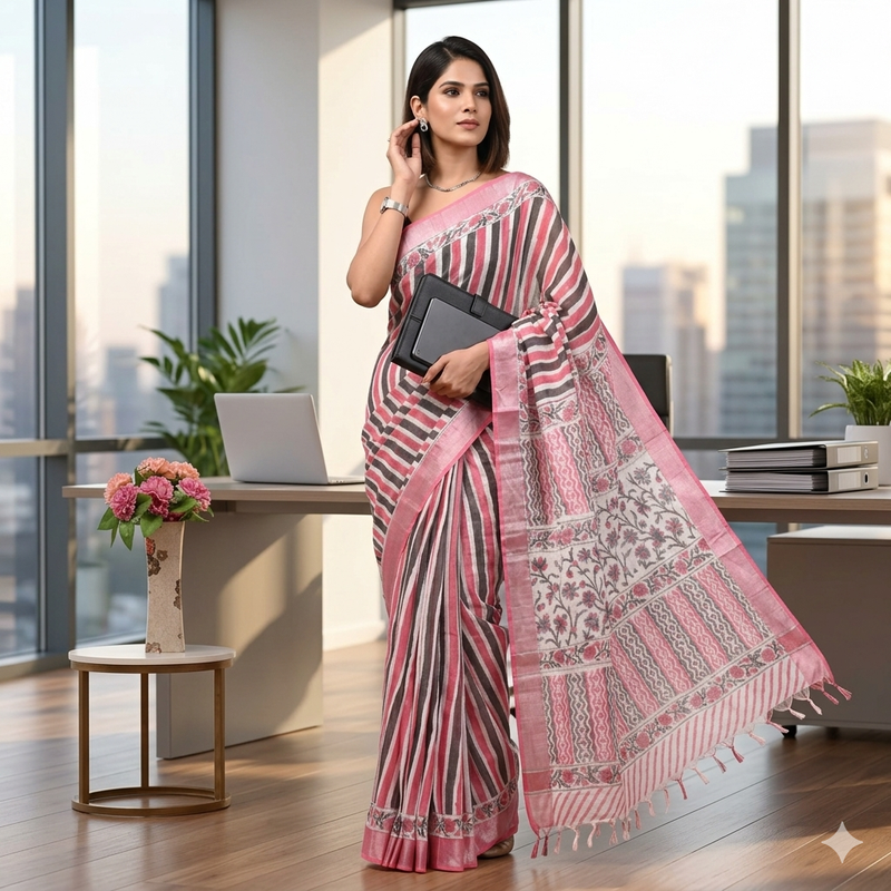 Qyaari Women’s Linen Saree | Hand Block Printed | Lightweight Summer Saree | Comfortable Ethnic Wear | With Blouse