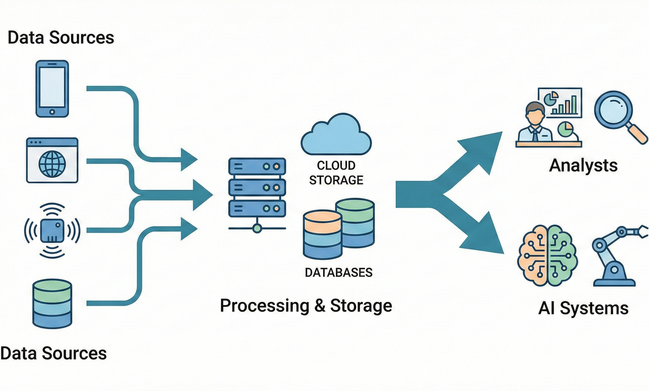 Visual flow of data from sources to cloud storage and finally to analysts and AI systems