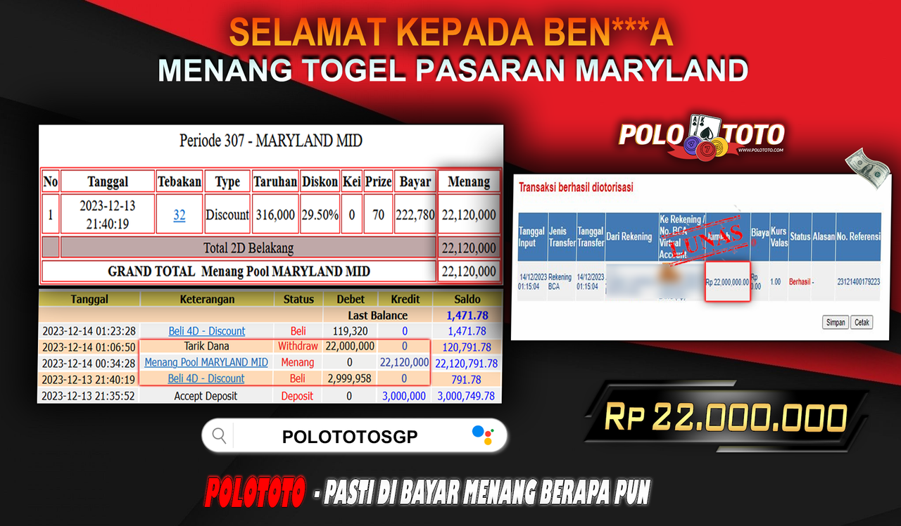 BUKTI PEMBAYARAN JACKPOT DIPOLOTOTO DIBAYAR LUNAS!!!