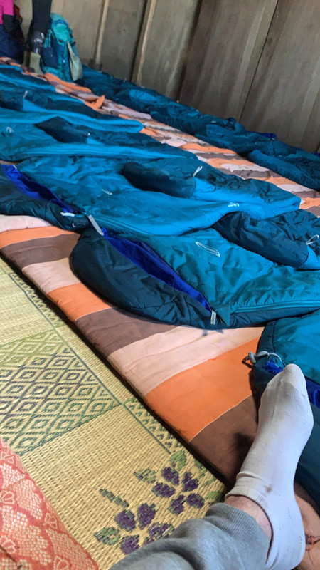 Sleeping bags pile up