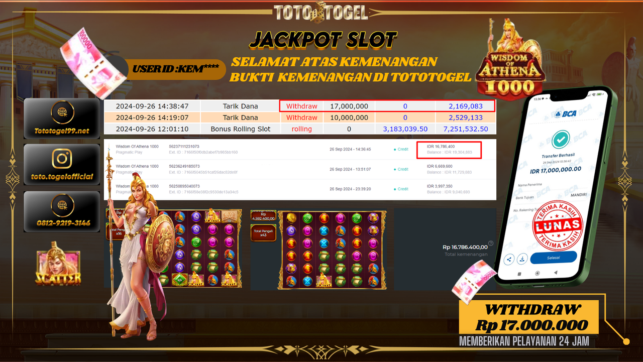 Bukti Kemenangan Permainan Slot Wisdom of Athena 1000 ID : KEMB*** Terbayar Lunas!!