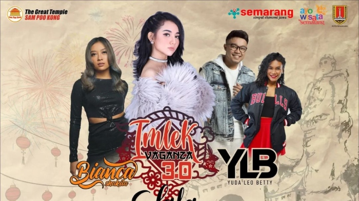 Poster bintang tamu yang akan mengisi panggung konser musik Imlek Vaganza 3.0 di Klenteng Sam Poo Kong, Semarang.