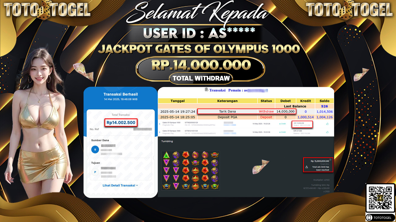 Bukti Pembayaran Jackpot  Permainan Slot Gates Of Olympus 1000 ID:AS***** LUNAS
