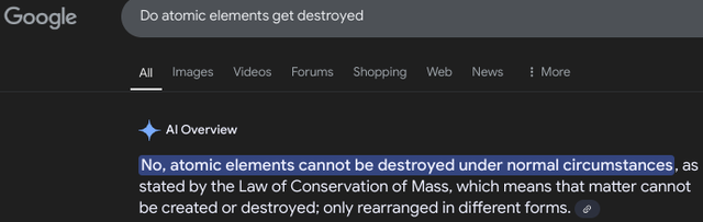 Google Ai do atomic elements get destroyed law of conservation