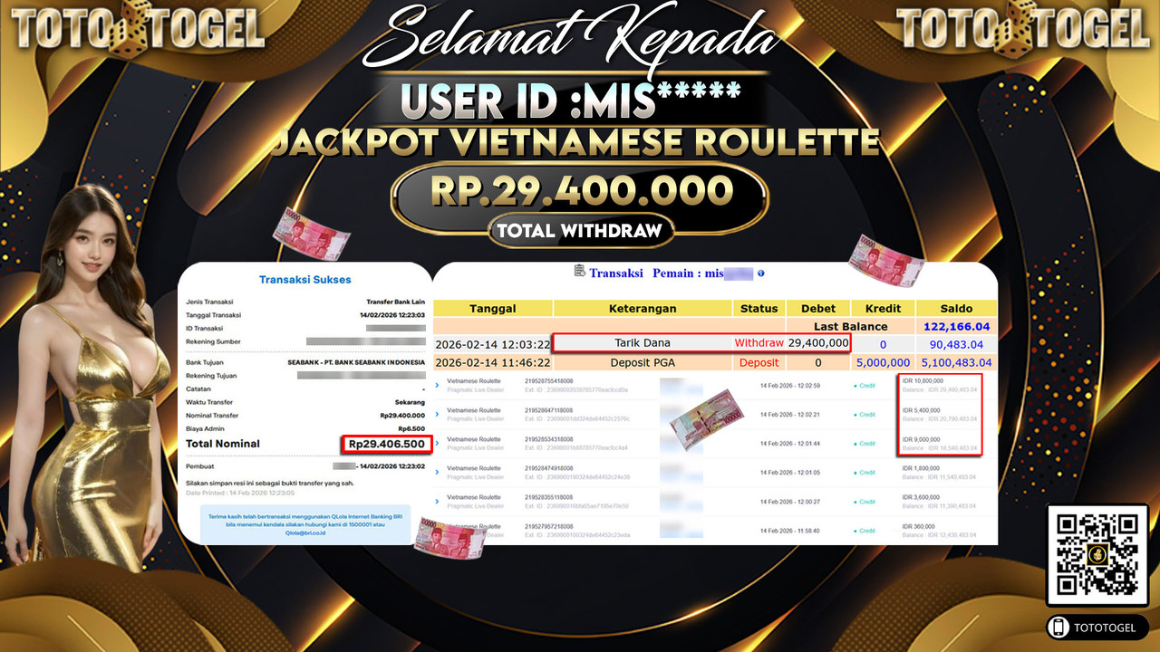 Bukti Pembayaran Jackpot Permainan Pragmatic Live Vietnamese Roulette ID:MIS*****LUNAS