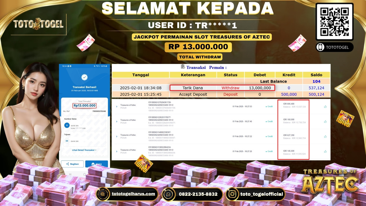 Bukti Pembayaran Jackpot  Permainan Slot Treasures Of Aztec  ID:TR****1 LUNAS