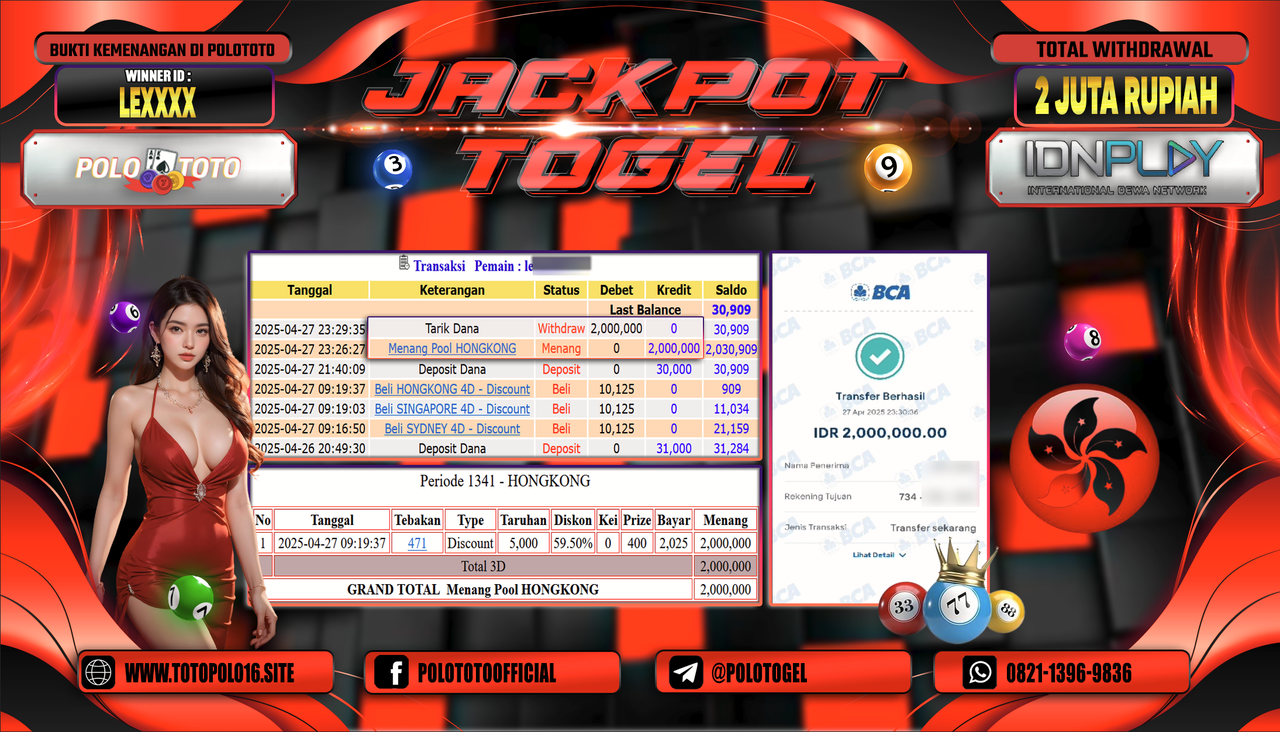 POLOTOTO JACKPOT TOGEL POOL HONGKONG Rp.2.000.000,- LUNAS