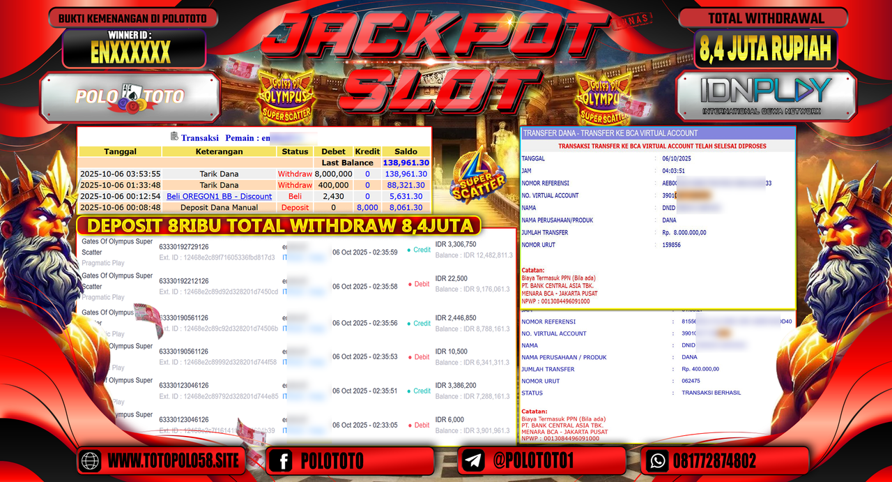 POLOTOTO JACKPOT SLOT GATES OF OLYMPUS SUPER SCATTER Rp.8.400.000,- LUNAS