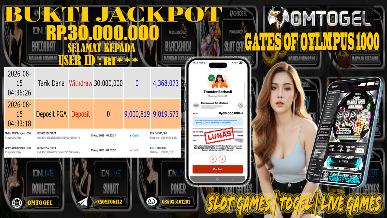 OMTOGEL JACKPOT PRAGMATIC PLAY GATES OF OLYMPUS 1000 Rp,30,000,000,- DIBAYAR LUNAS