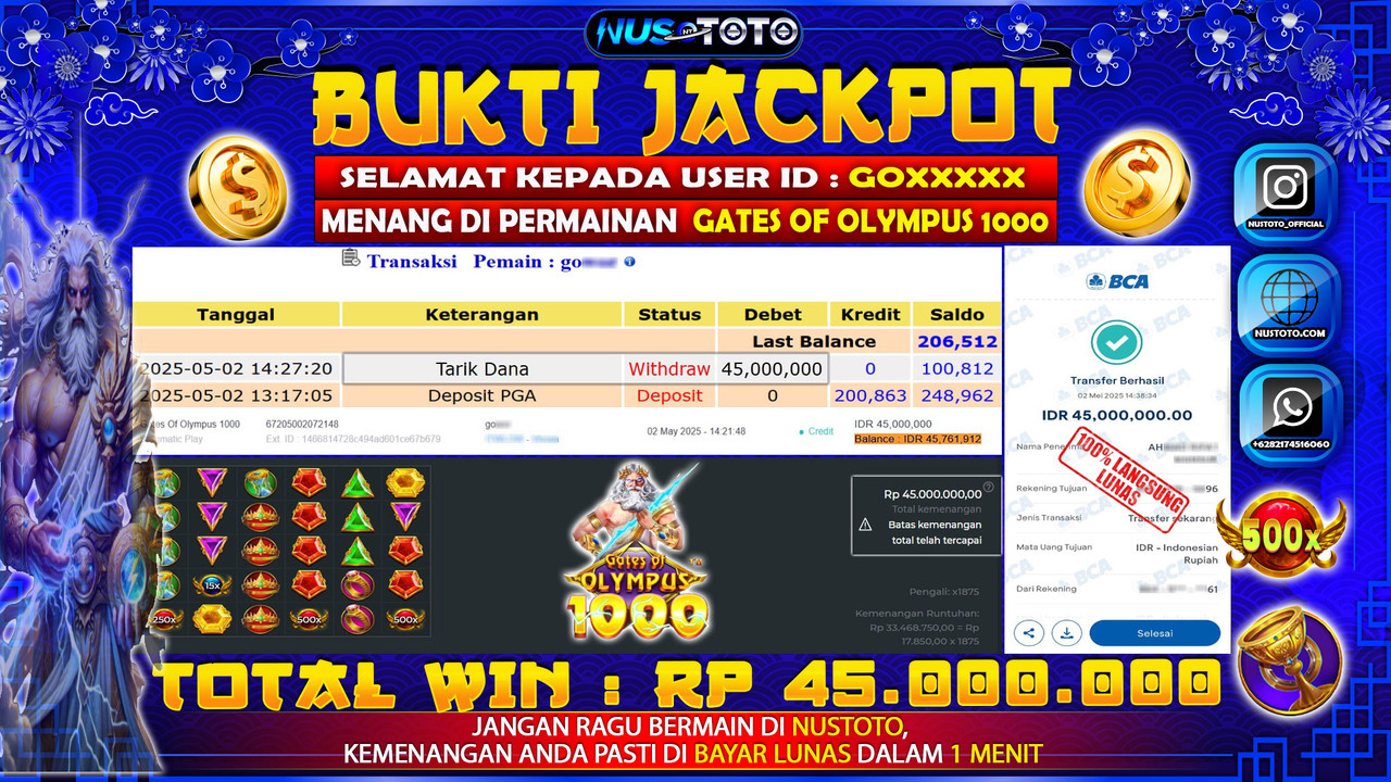 JACKPOT !! MENANG BESAR DI SLOT GATES OF OLYMPUS 1000 Rp. 45.000.000 LANGSUNG DI BAYAR LUNAS NUSTOTO !!