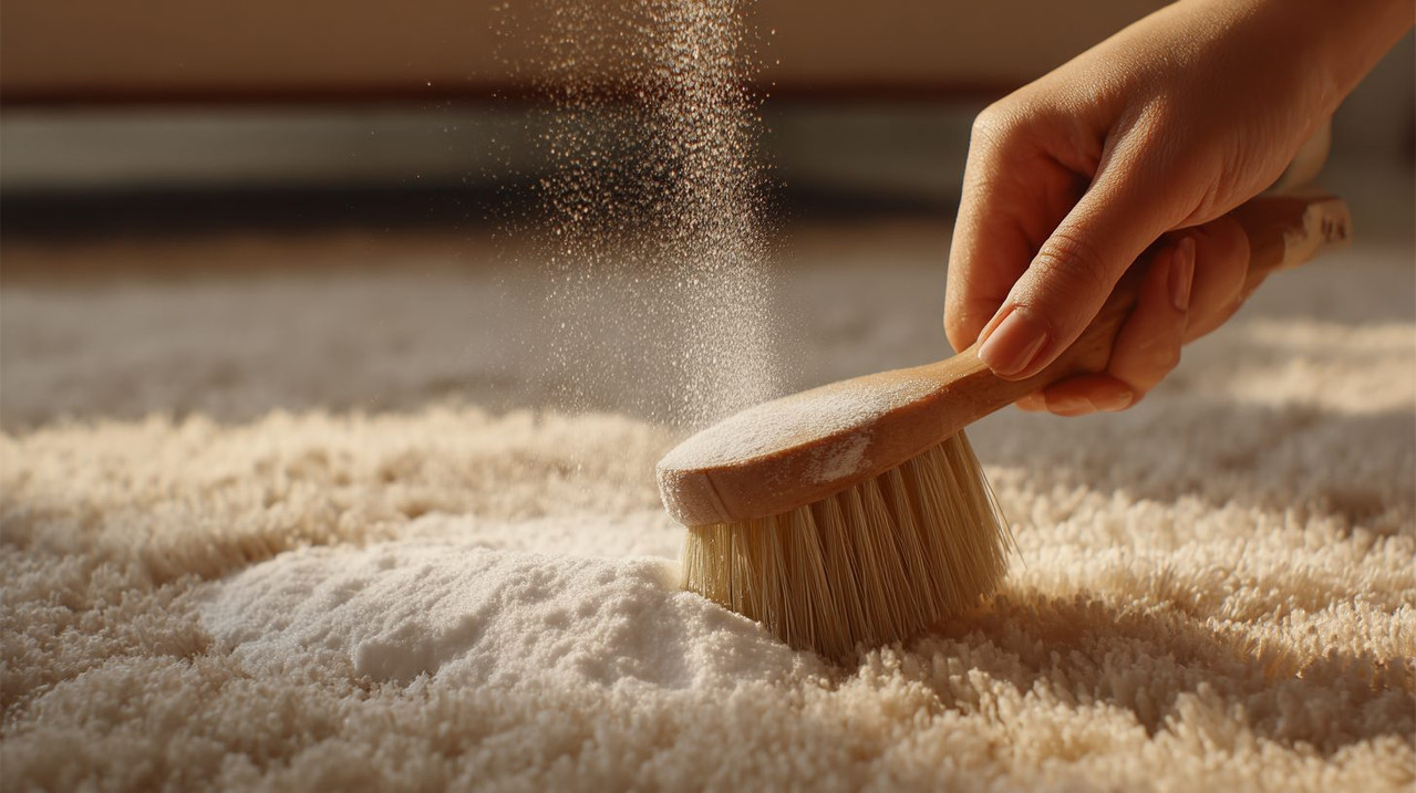 Удаление жирного пятна с ковра содой и щеткой