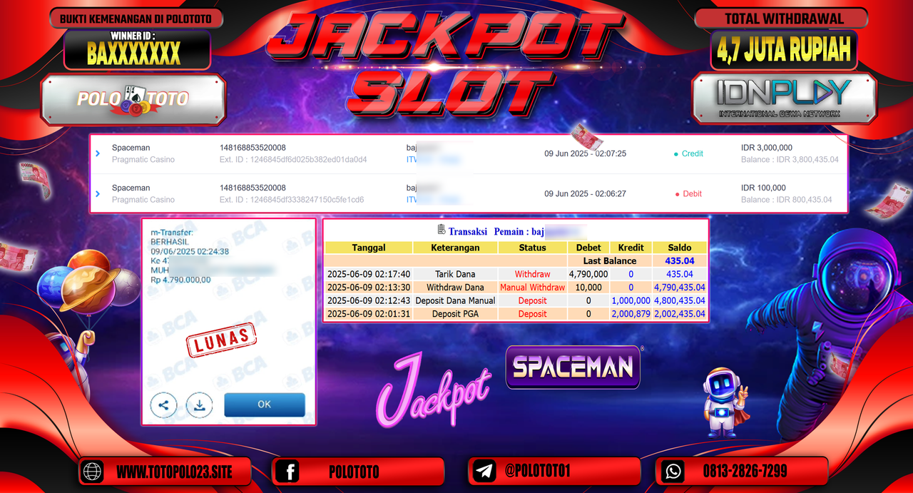 POLOTOTO JACKPOT SLOT SPACEMAN Rp.4.790.000,-
