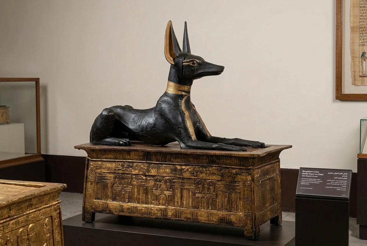Patung Anubis yang ditemukan di makam Tutankhamun, Museum Kairo.