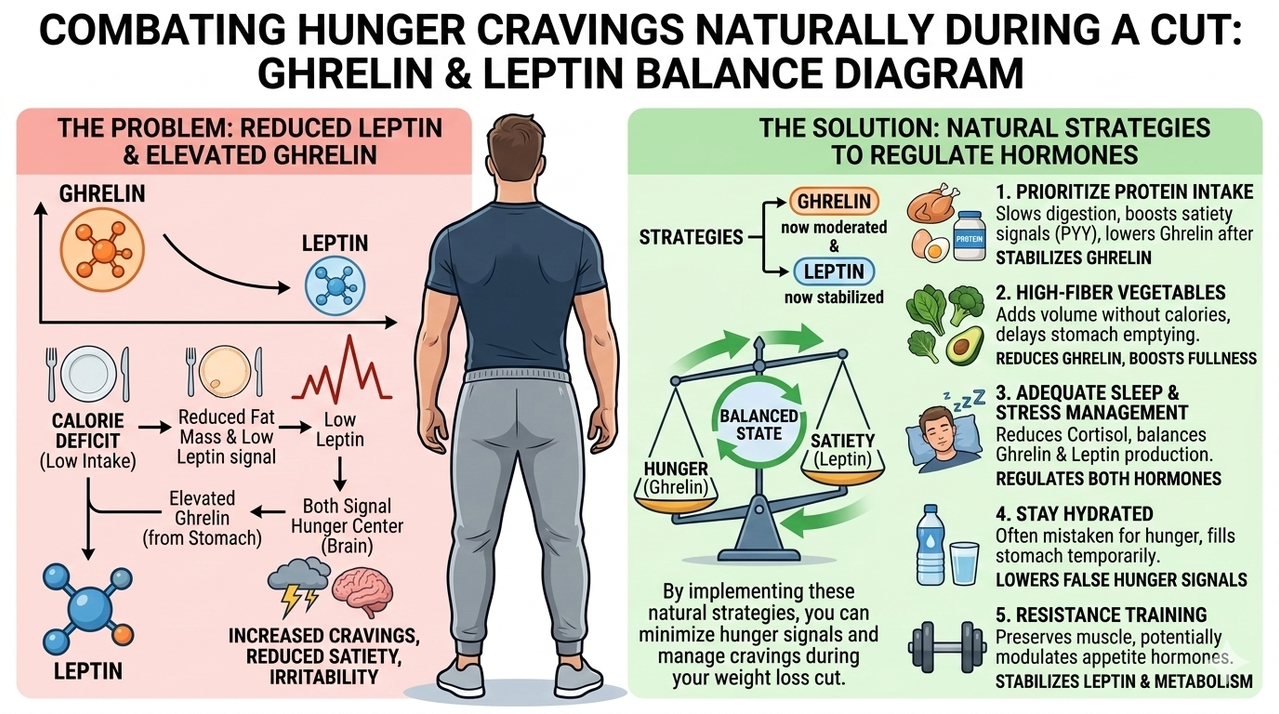 Diagram showing ghrelin and leptin balance during calorie deficit for how to combat hunger cravings naturally during a cut