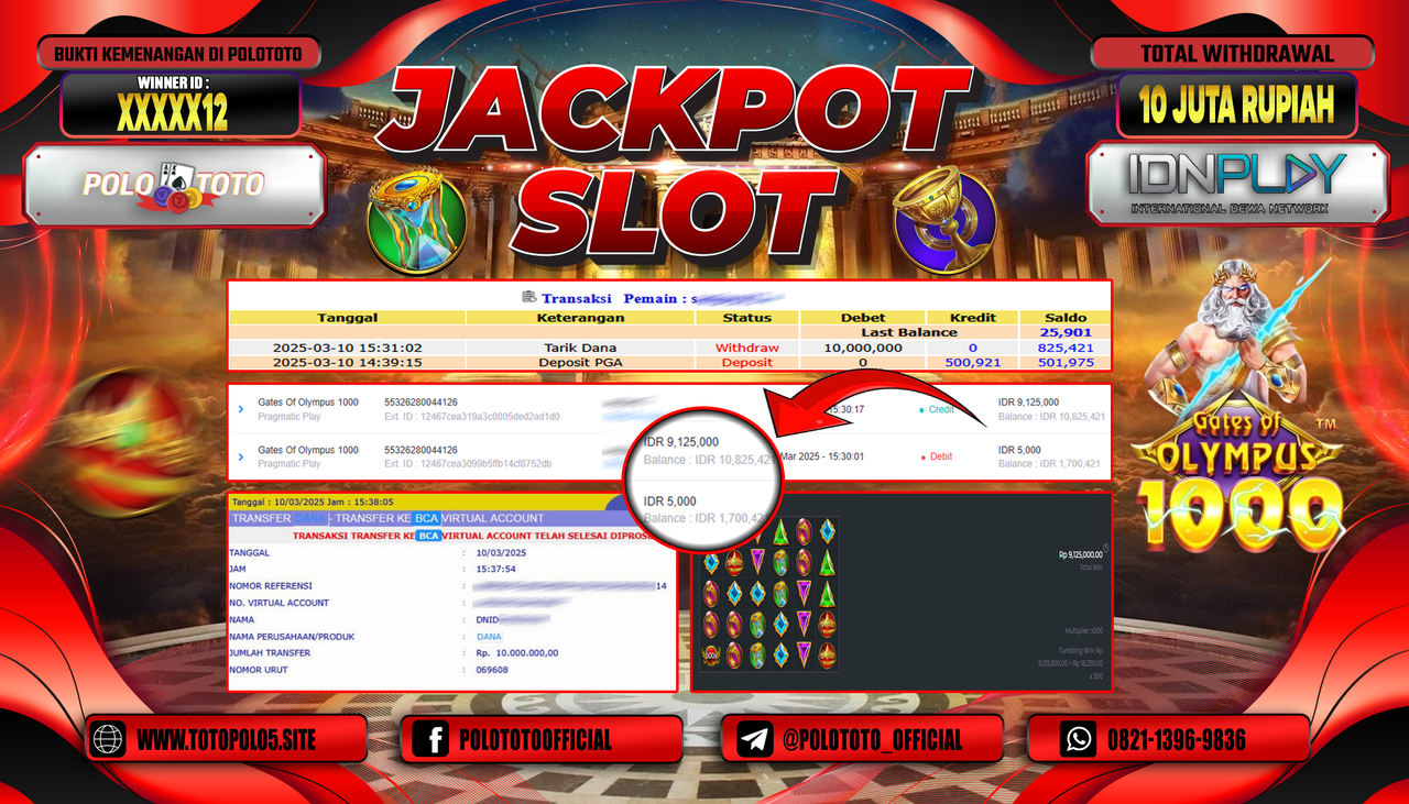 POLOTOTO JACKPOT SLOT GATES OF OLYMPUS 1000 Rp.10.000.000,-