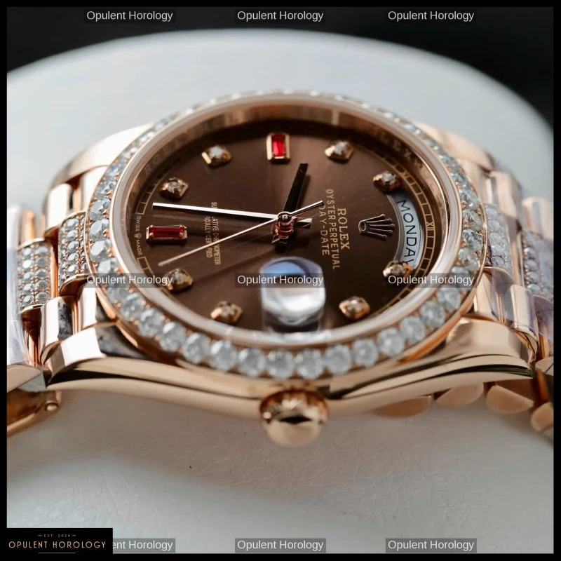 Rolex Day-Date 36 Chocolate Dial Gold Plated Moissanite Diamond