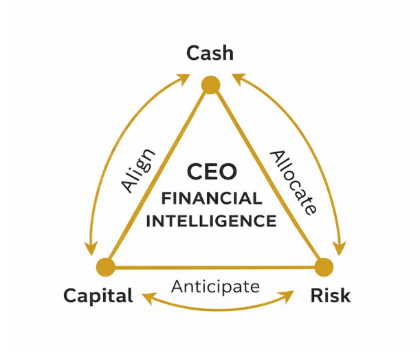 CEO Financial Intelligence diagram showing Cash, Capital, Risk with Align, Allocate, and Anticipate