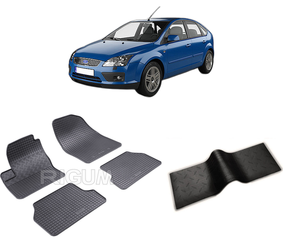 Set covorase auto FORD FOCUS II din 2004-02.2011, cu covoras tunel median, CAROSERIE HATCHBACK, Presuri cauciuc 100%, compatibil cu autoturismul FORD FOCUS II, Rigum