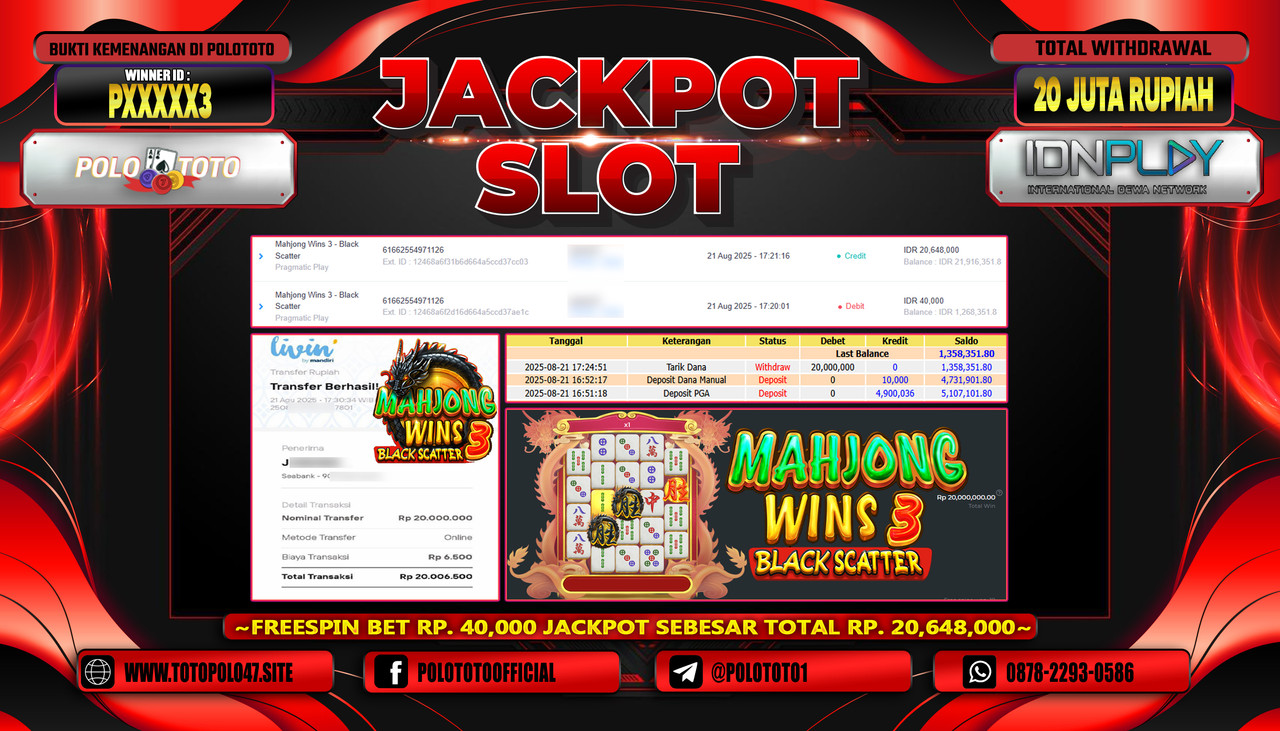 POLOTOTO JACKPOT SLOT MAHJONG WINS 3 - BLACK SCATTER Rp.20.000.000,- LUNAS