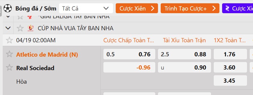 Tỷ lệ kèo Atletico Madrid vs Real Sociedad