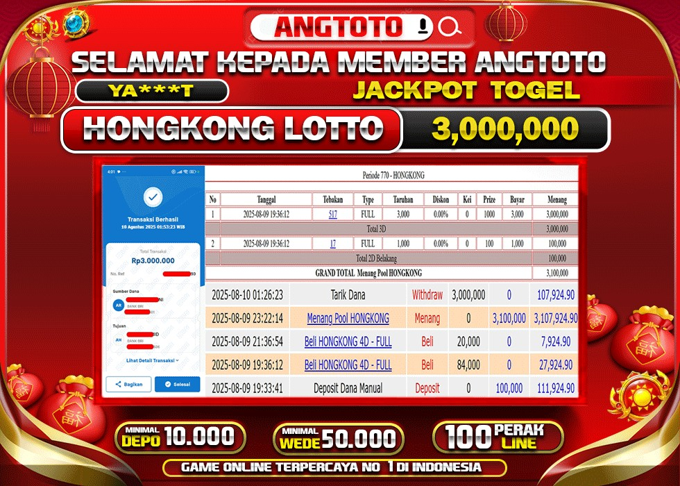 BUKTI PELUNASAN 10 AGUSTUS 2025 MENANG DI PASARAN HONGKONG LOTTO  TOTAL WD 3 JUTA