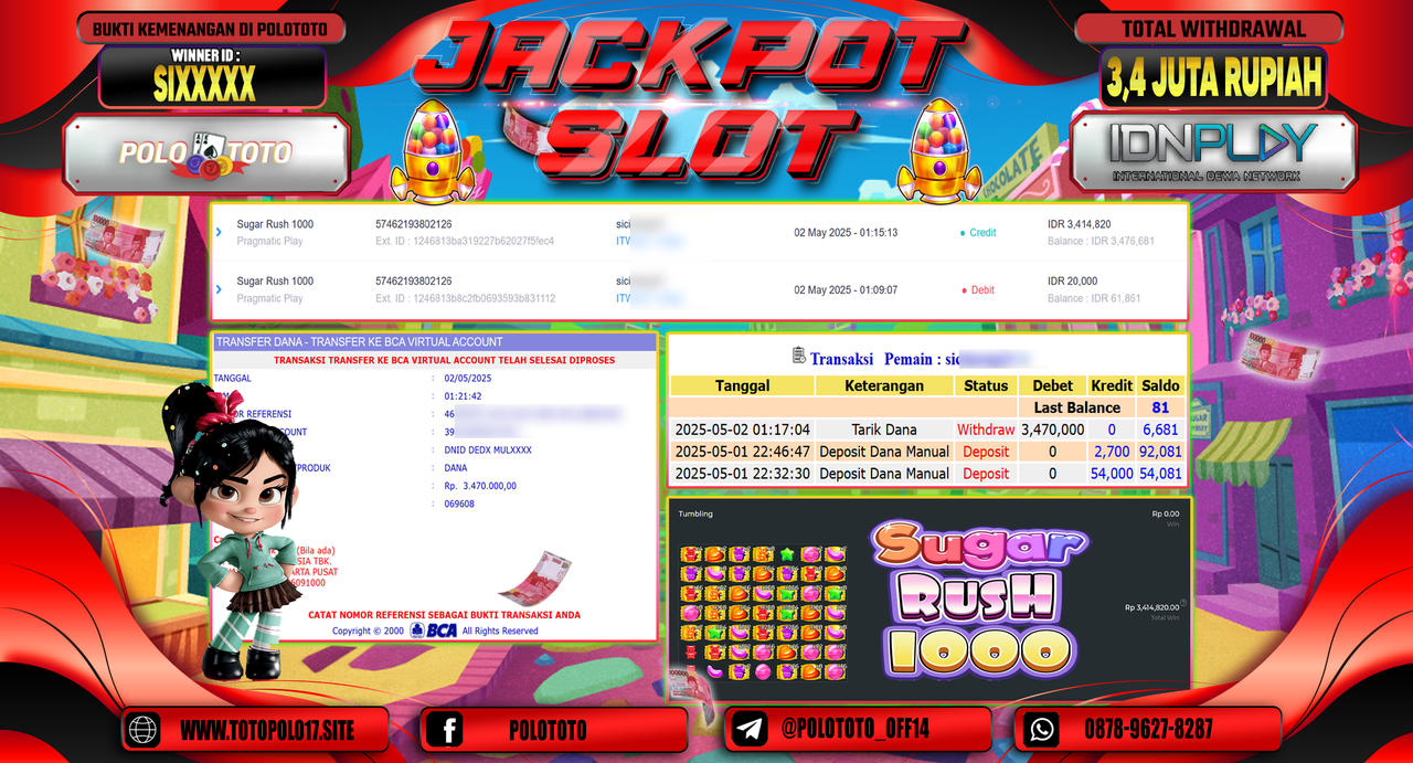 POLOTOTO JACKPOT SLOT SUGAR RUSH 1000 Rp.3.470.000,-