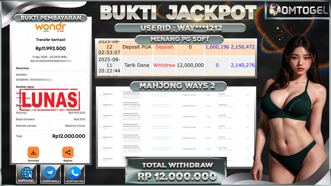 OMTOGEL JACKPOT PGSOFT MAHJONG WAYS 2 12 JUTA DI BAYAR LUNAS ,-