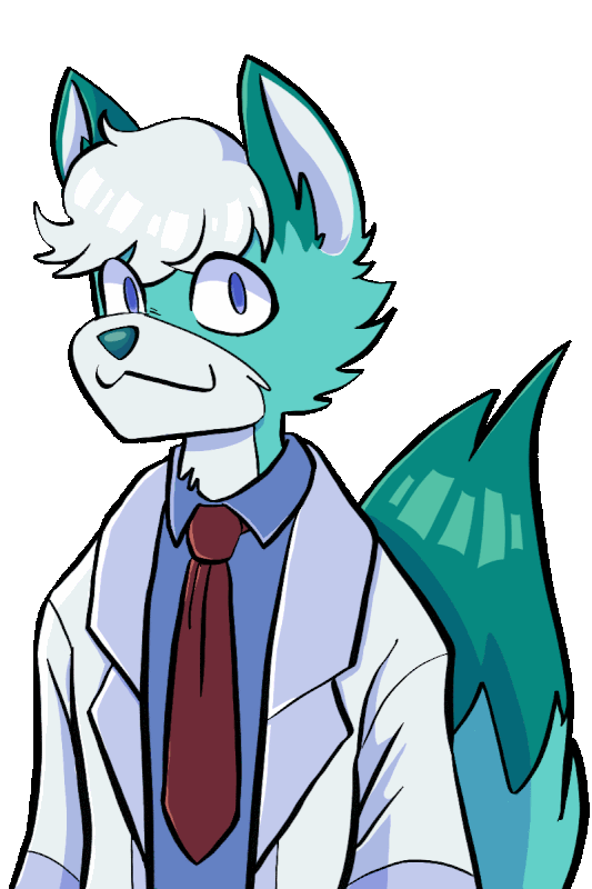 Mythril, a cyan fox fursona, smiling and talking.