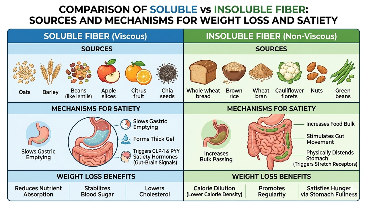 Comparison chart of soluble vs insoluble fiber sources showing foods and mechanisms for weight loss and appetite control
