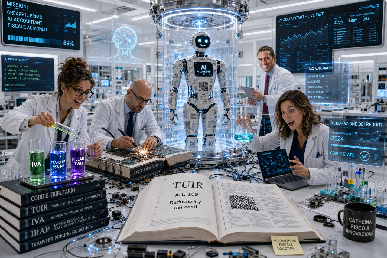 Laboratorio AI: scienziati al lavoro sulla creazione del primo AI accountant fiscale, circondati da libri di TUIR, IVA, IRAP e schermi di automation
