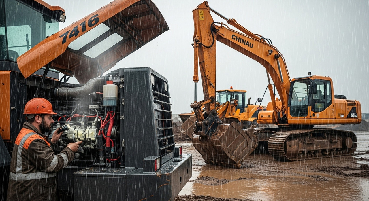 Механик осматривает узлы китайского погрузчика, технический контроль оборудования, подтверждающий высокие критерии надежности и ремонтопригодности машин