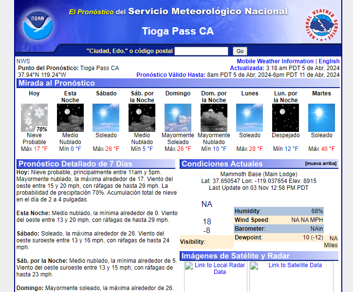 *Pronóstico del tiempo Paso Tioga* - Tioga Pass cerrado; ruta alternativa acceso a Yosemite NP - Foro Costa Oeste de USA