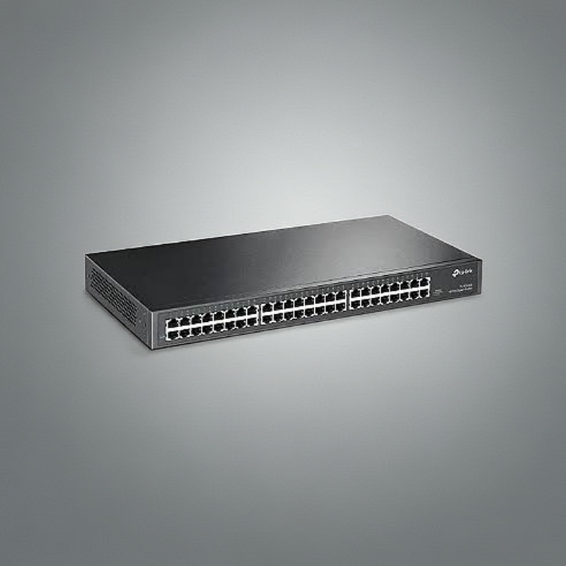 Switch TP-Link TL-SG1048 instalado em um rack de servidores, mostrando seu encaixe perfeito.