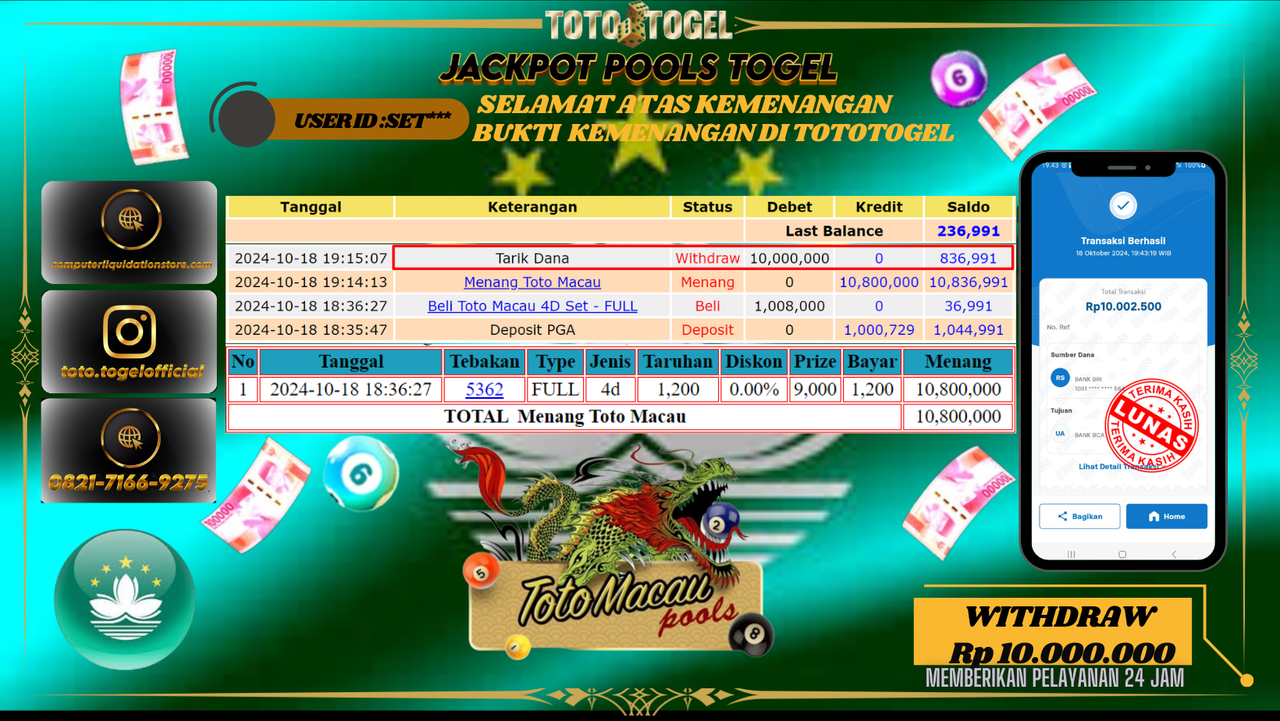 Bukti Kemenangan Permainan Pools Togel Toto Macau ID : SET*** Terbayar Lunas!!