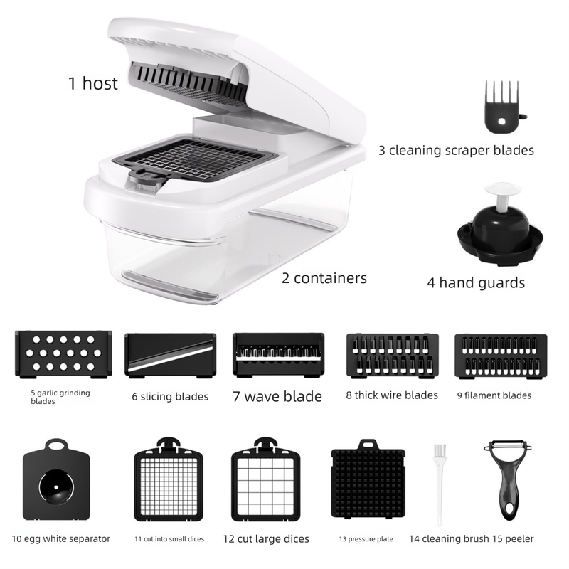 White Multifunctional Vegetable Slicer – Manual Kitchen Cutter with Adjustable Blades for Slicing, Dicing, Shredding, Garlic Grinding, and Egg White Separation